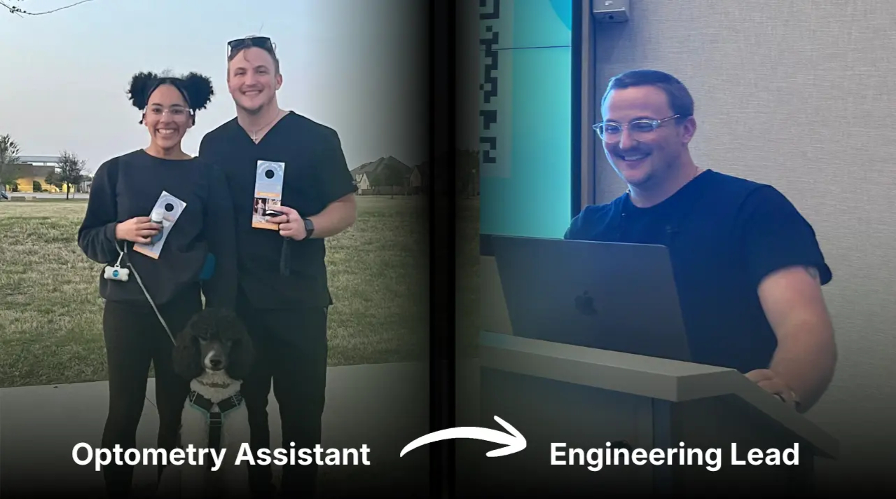 Picture of myself, my wife, and my dog during my time as an optemetry assistant on the left. On the right is myself speaking at a tech conference.